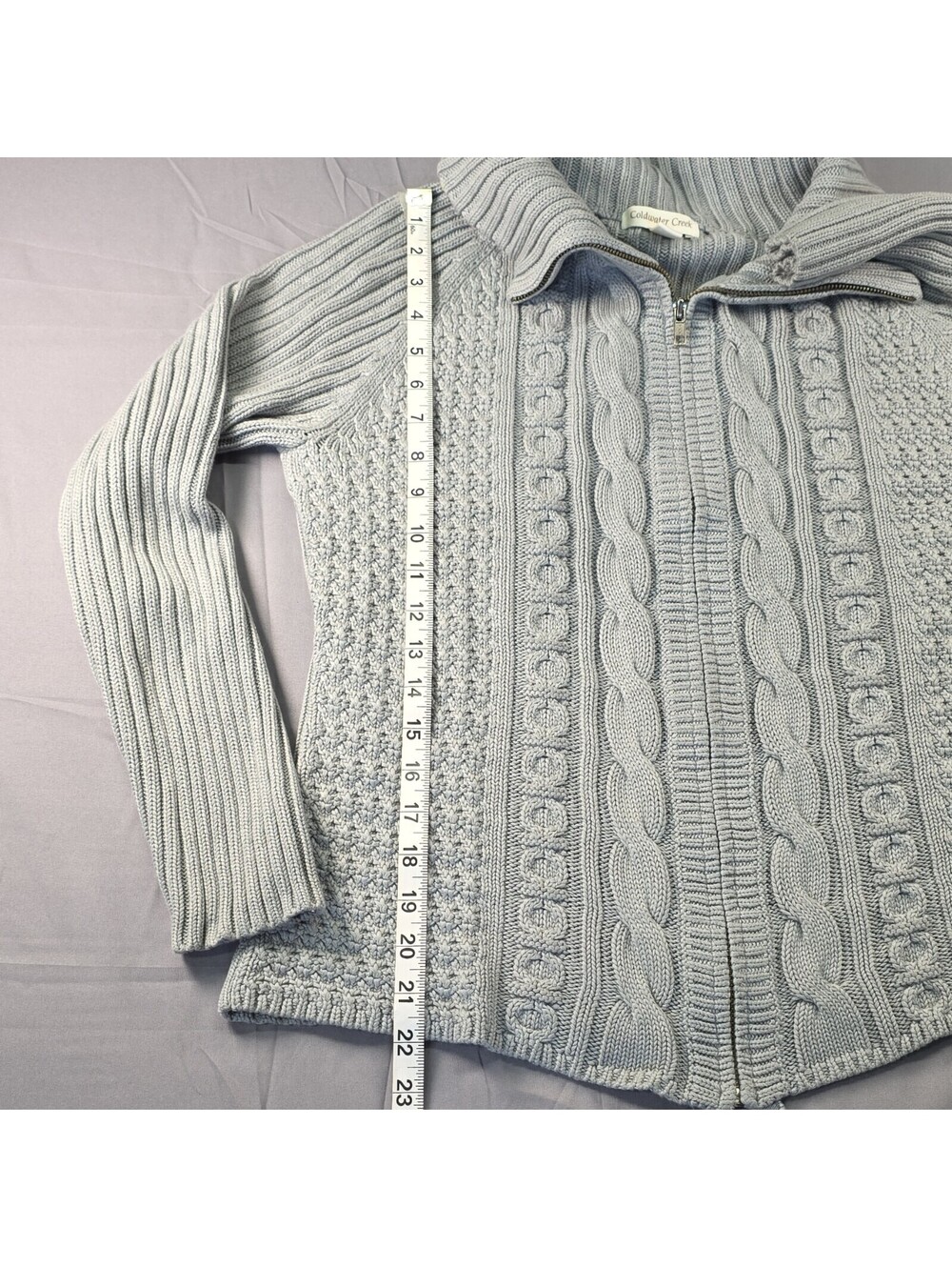Coldwater Creek Chunky Cable Knit ZipUp Cardigan Sweater Gray P L - Picture 6 of 9